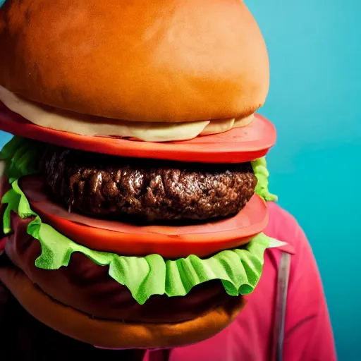 Image similar to hamburger eating people, large silicon rubber puppet hamburger, professional photography, canon lens