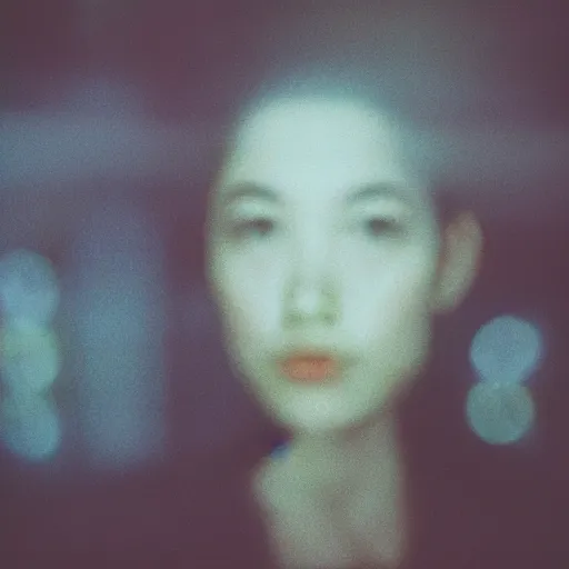 Image similar to A gorgeous woman’s face shattered, blurred city background, captured in low light, cinestill 800t