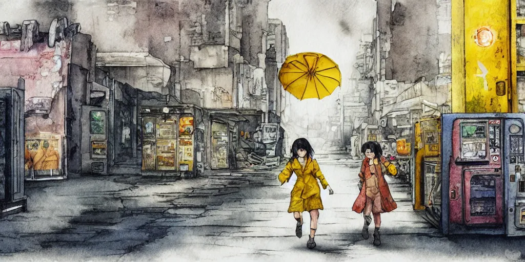 Prompt: deserted dusty junk town, a girl with a parka and a yellow parasol is running, broken vending machines, scene from the movie Ghost in the shell, watercolor, ultrawide