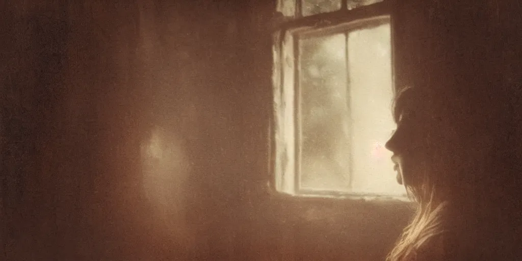 Image similar to portrait bust of young woman, tired expression, faded color film, russian cinema, tarkovsky, kodachrome, inside old cabin, next to window, heavy forest outside, long brown hair, old clothing, heavy fog, brown color palette, hudson river school, 4 k, dramatic lighting, greg rutkowski