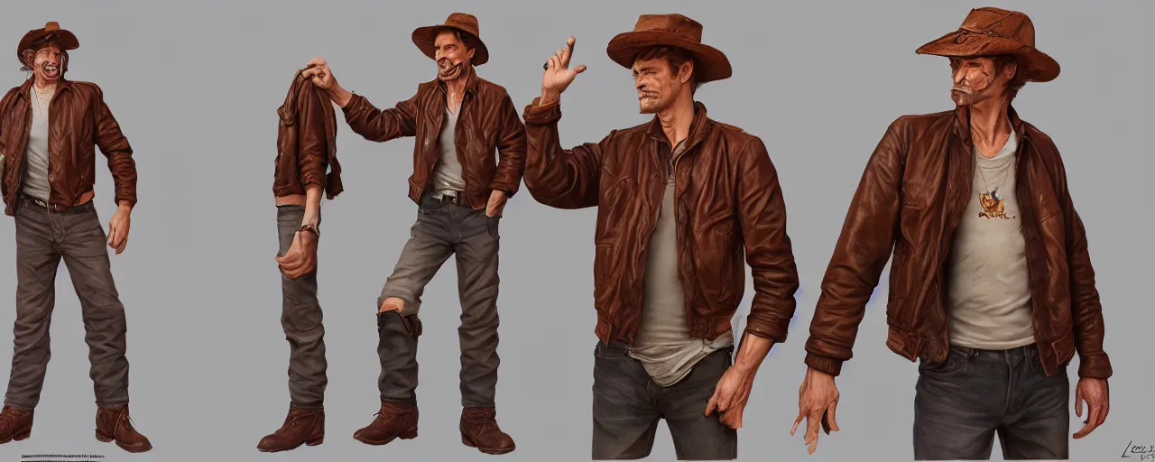 Prompt: character design, turnaround, complete character, 40's adventurer, unshaven, optimistic, stained dirty clothing, straw hat, riding boots, red t-shirt, dusty brown bomber leather jacket, detailed, concept art, photorealistic, hyperdetailed, 3d rendering , art by Leyendecker and frazetta,