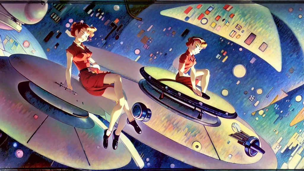 Image similar to a film still of a 1 9 5 0's mechanic anime girl sitting on top of flying ufo landing in hangar of giant ufo spaceship, kandinsky, trending on pixiv fanbox, painted by gaston bussiere, makoto shinkai, akihiko yoshida, gaston bussiere, craig mullins