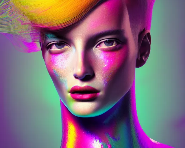 Prompt: portrait of a post modern ai fashion model with an exuberant hair style, colorful, octane render, vray, detailed, halftoned, editorial illustration, matte print, grainy light, ( ( dither ) ), risograph, high contrast, screen print, grainy texture