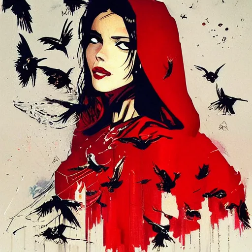 Image similar to portrait of a daydreaming melancholic latina woman in a red hood monk custome being progressively rasterized into pixels, surrounded by digital birds and a giant loving mecha robot, oil on canvas by yoji shinkawa, esao andrews and dave mckean