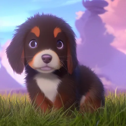 Image similar to a wholesome animation key shot of a brown australian shepherd puppy, studio ghibli, pixar and disney animation, sharp, rendered in unreal engine 5, anime key art by greg rutkowski, bloom, dramatic lighting