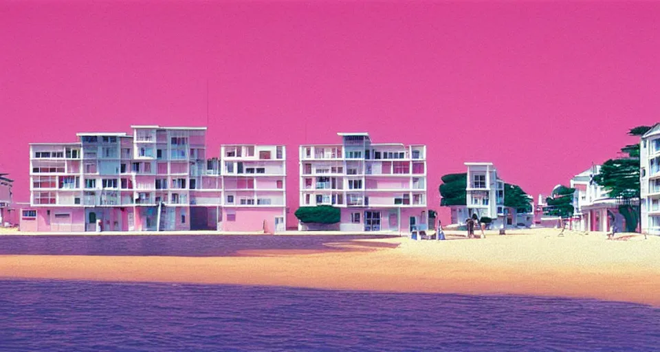 Prompt: retro seafront houses, very long shot, pink filter, matte painting, hiroshi nagai