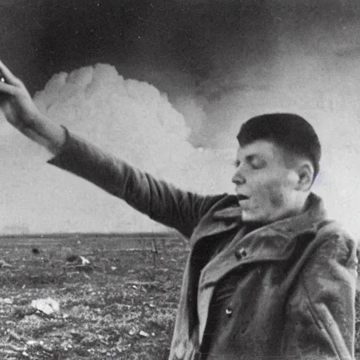 Image similar to a selfie of a ukrainian on the background of a nuclear explosion in yellow - blue rags shoots himself in the head to die a less painful death