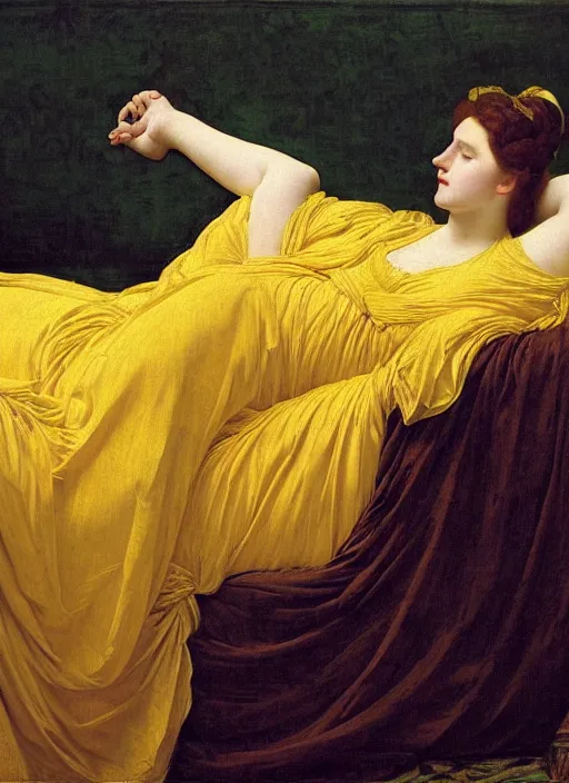 Prompt: masterpiece portrait of lady reclining on bed flowing sheets wearing yellow ochre ornate medieval dress, vertical, foreshortening, colour photography by frederic leighton, william morris, 8 k