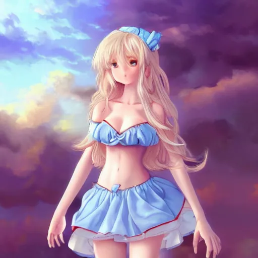 Image similar to a very beautiful young anime princess girl, full body, long wavy blond hair, sky blue eyes, full round face,, bikini, miniskirt, front view, mid - shot, highly detailed, cinematic wallpaper by stanley artgerm lau