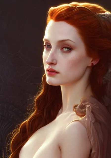 Prompt: sansa angeline jolie gessica chastain, intricate, elegant, highly detailed, digital painting, artstation, concept art, smooth, sharp focus, illustration, art by artgerm and greg rutkowski and alphonse mucha and william - adolphe bouguereau