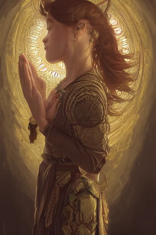 Image similar to ultra realistic illustration, a stunningly beautiful shaman girl praying, intricate, elegant, highly detailed, digital painting, artstation, concept art, smooth, sharp focus, illustration, art by artgerm and greg rutkowski and alphonse mucha