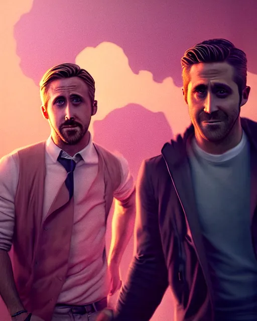 Image similar to ryan gosling and jake gyllenhaal posing dramatically together rendered in unreal engine 5, by wlop, greg rutkowski, and peter mohrbacher, octane render, ultra high detail, ultra realistic 3 d, extremely detailed shading, ray tracing, concept art, character design, trending on artstation, unreal engine 5, gritty atmosphere, glow, cinematic lighting, full of color