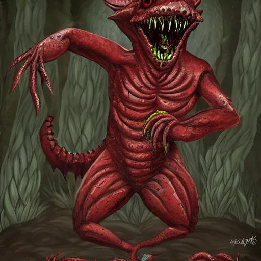 Image similar to big butcher anthropomorphic male lizardfolk posing scarily, scary angry pose, covered in blood, fresh kill, cleaver, in a cave, earie setting, lovecraft eldritch horror, hyperdetailed, furaffinity, anthro art