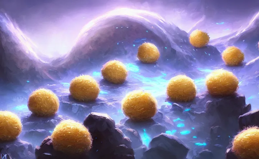 Image similar to magic : the gathering fantasy concept art of cute riceballs with excited faces bouncing down a mountain path, by marco bucci, high resolution, rice granules scattered all around, balls of rice, bouncing, fantasy coloring, intricate, digital painting, artstation, smooth, sharp focus