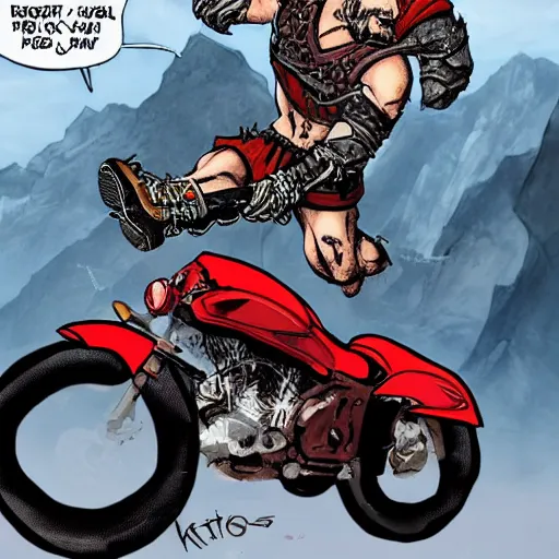 Image similar to kratos jumping a black harley - david motorcycle off a cliff