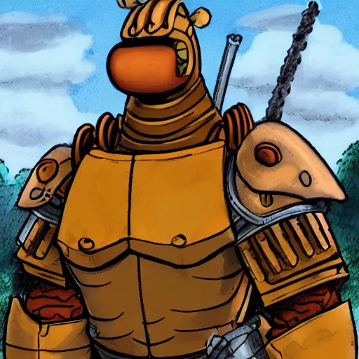 Prompt: garfield on armor knight