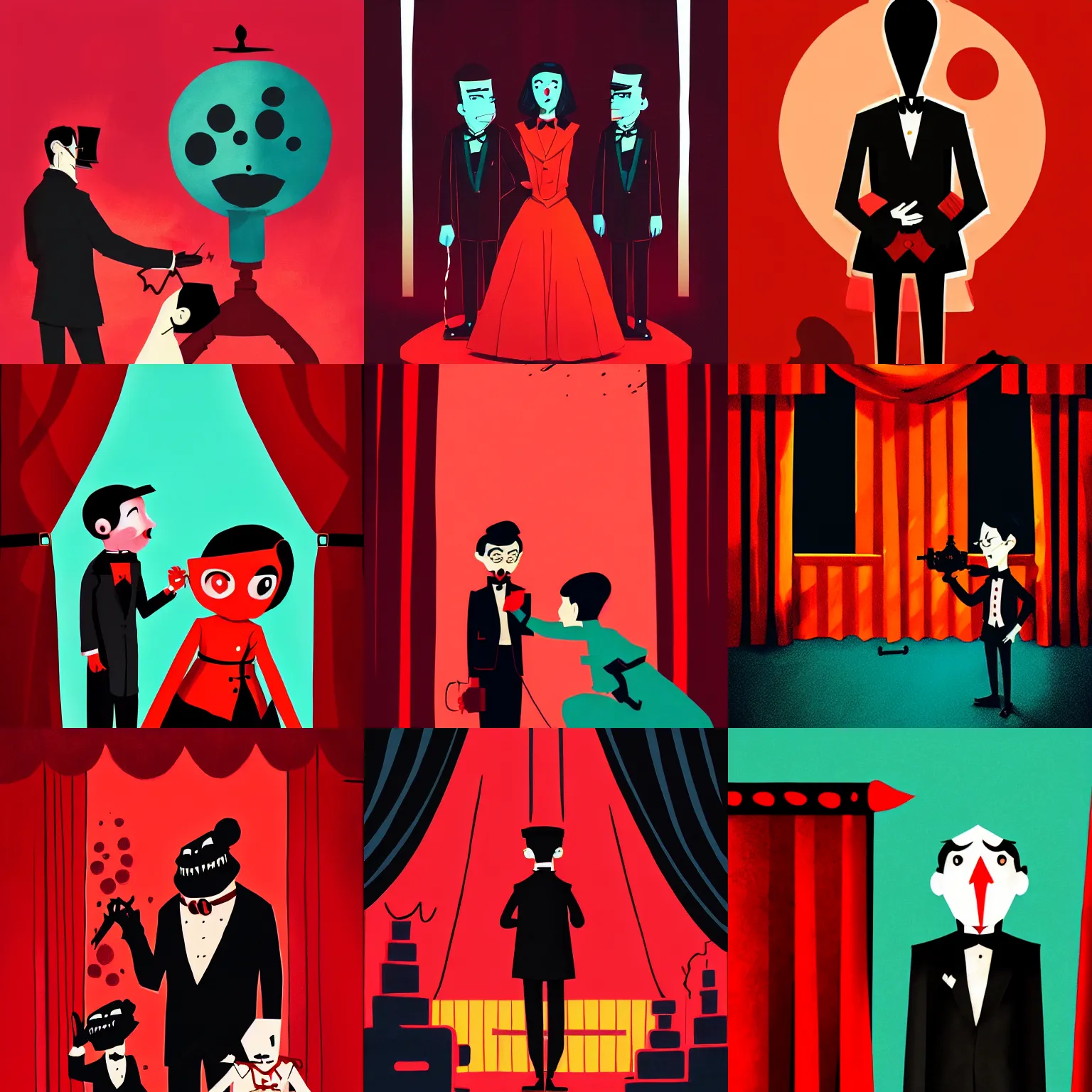 Prompt: puppet master in tuxedo behind red curtains, in the Style of Atey Ghailan and Mike Mignola and Victo Ngai, vibrant colors, hard shadows, trending on artstation