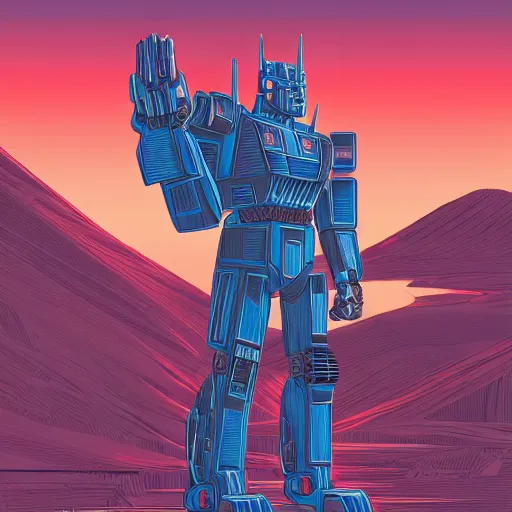 Image similar to optimus prime standing in the desert by kilian eng