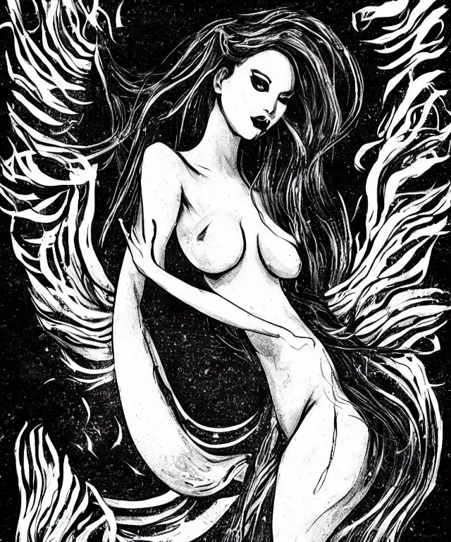 Image similar to black and white illustration, creative design, dark fantasy, mermaid, full body