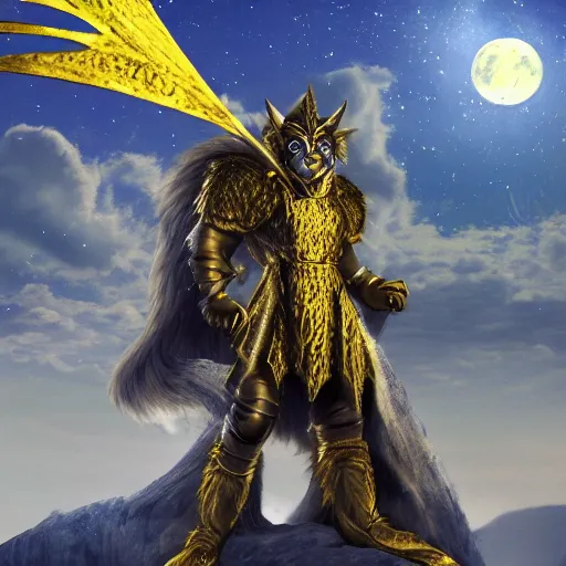 Prompt: werewolf king, in golden heavy platemail armor, with a long flowing blue cape, standing on castle balcony, the castle is amidst a sprawling forest with an oceanside cliff on one side, realistic, 8k