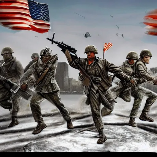 Image similar to The war between the Soviet Union and America, the action takes place in New York, far away against the background of the Statue of Liberty, a lot of soldiers and military equipment, a lot of explosions and tracer bullets, a lot of ruins, a very epic battle, The style of photography of the 80s, very detailed and detailed style