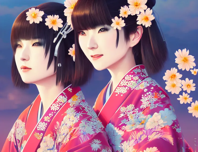 Prompt: two beautiful charming japan female superstar wear arty kimono in festival | | sunny night, festival,, realistic shaded, smile, good looking, hyper details, 4 k realistic, cryengine, realistic shaded lighting poster by ilya kuvshinov, fuji choko, ross tran, 8 k resolution, trending on artstation, luxury