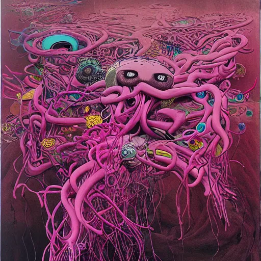 Image similar to Pink Vines by Takashi Murakami, Jean-Michel Basquiat, H.R. Giger, David Choe and Zdzisław Beksiński, incredibly intricately detailed artwork, oil on canvas