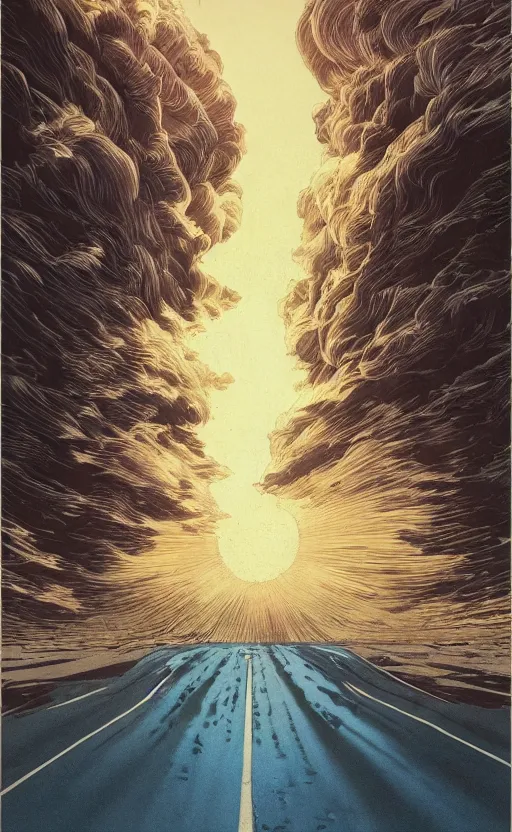 Image similar to paperback book cover by kim jung gi. 1 9 5 0 s. pure colors, melting clouds, accurately drawn details, a sunburst above a receding road with the light reflected in furrows and ruts, after rain. photorealistic. octane render. cinematic. trending on artstation. textless.