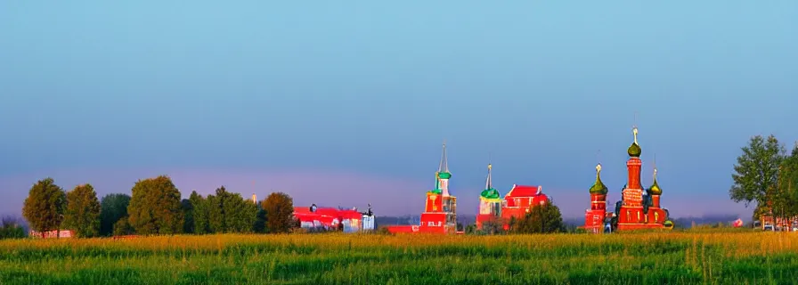 Image similar to view on sleeping district in province russian town at morning sunrise, romantic lighting, squared buildings, trees