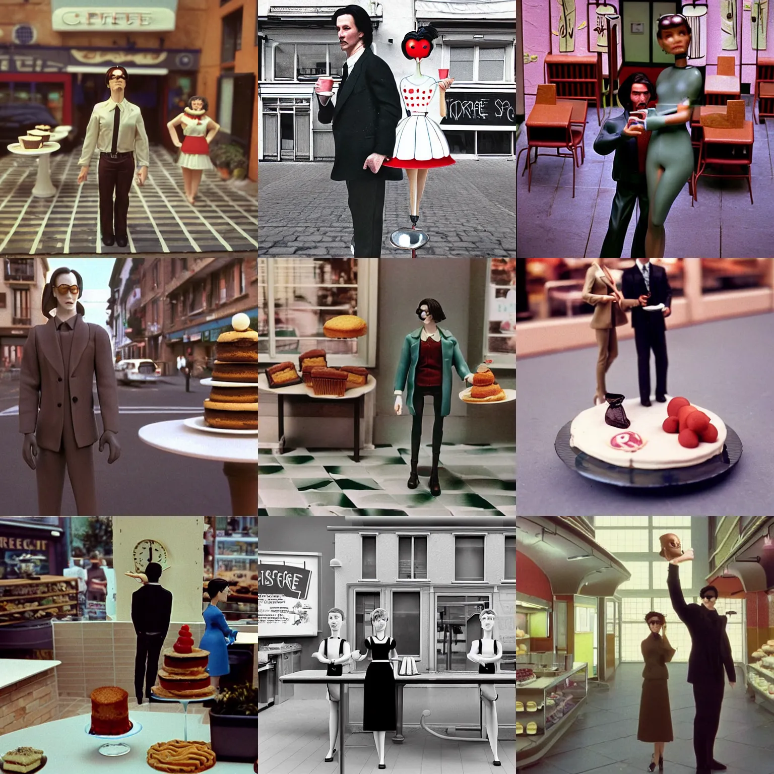 Prompt: beautiful hyperrealism three point perspective film still reimagined coffee shop scene from the matrix pastry bake off(1990) portrait in style of 1990s frontiers in anthropomorphic retrofuturism french street photography fashion edition, pointé posed sheer porcelain miuature keanu reeves model, focus on pursed lips, terrified, cake in hand, eye contact, tilt shift style scene background, soft lighting, Kodak , cinematic style, bokeh