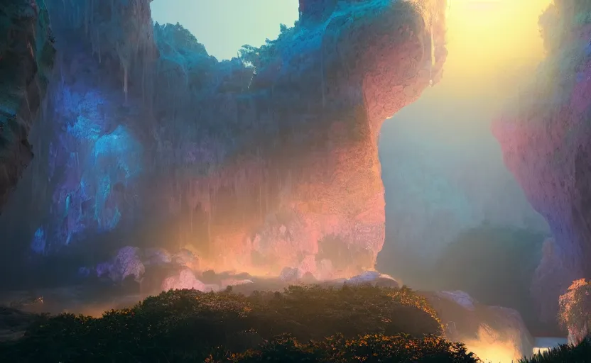 Image similar to a beautiful and stunning digital render of a humongous opal cave, dimly glowing crystals, haze, waterfall, volumetric lighting, photorealistic, red sky, sunset, unreal engine 5, ultra detail, trending on artstation