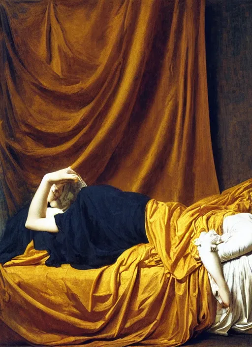 Image similar to masterpiece portrait of lady reclining on bed, rococo flowing cloth in wind raising twisting rising sheets floating in wind flying, wearing yellow ochre ornate medieval dress, vertical, foreshortening, colour photography by frederic leighton, william morris, 8 k