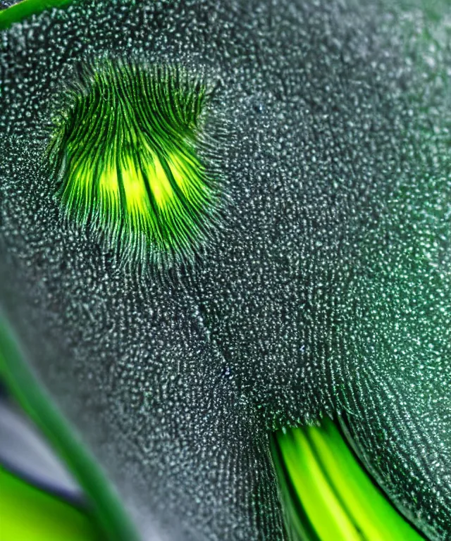 Image similar to close up of a green iris, electrical sparks, macro lens, 7 0 mm, highly detailed