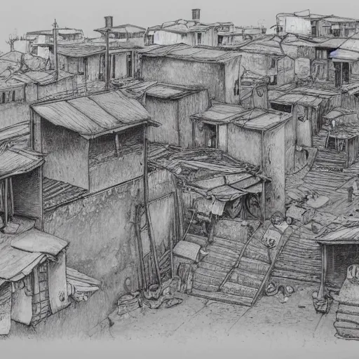 Image similar to slums in south africa, drawing by moebius