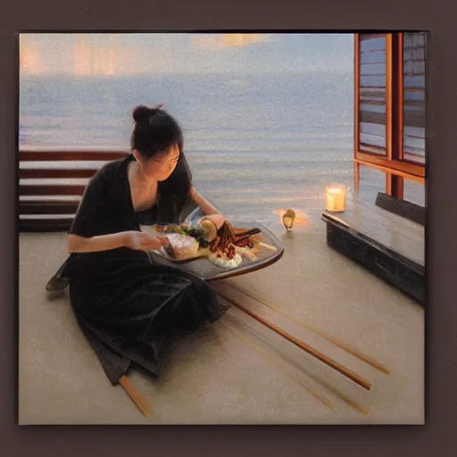 Image similar to a dog eating sushi at nobu, cottage core, cinematic focus, polaroid photo bleached vintage pastel colors high - key lighting, soft lights, foggy, by steve hanks, by lisa yuskavage, by serov valentin, by tarkovsky, 8 k render, detailed, oil on canvas