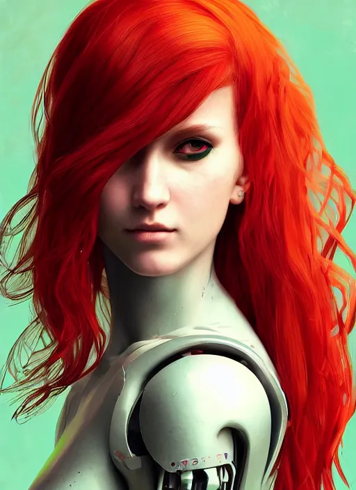 Image similar to Robot girl with red hair game style CYBERPUNK 2077 , a very beautiful portrait, Pre-Raphaelite style , girl enveloped in lily flowers, photorealism