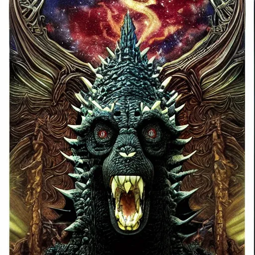 Prompt: portrait of godzilla made with porcelain by Jeff Easley and Peter Elson + beautiful eyes, beautiful face + symmetry face + border and embellishments inspiried by alphonse mucha, fractals in the background, galaxy + baroque, gothic, surreal + highly detailed, intricate complexity, epic composition, magical atmosphere + masterpiece, award winning + trending on artstation