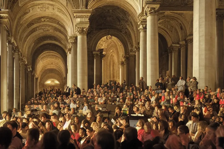 Image similar to medium size crowd listens to a hermeneutic pipe organ concert in a vast basilica, matte painting, scenic full shot, ambient lighting, detailed baroque oil painting by caravaggio and goya