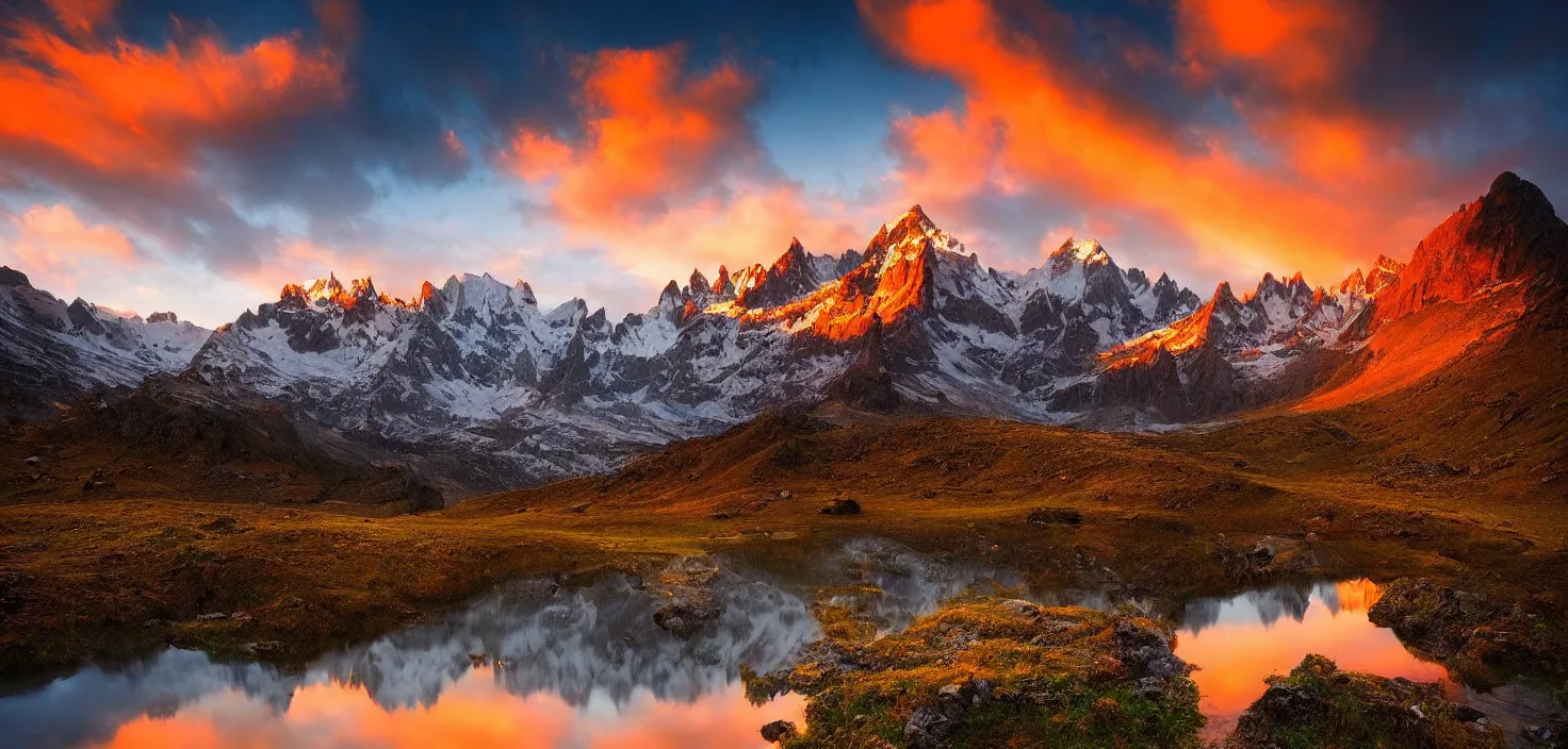 Image similar to amazing landscape photo of mountains with lake in sunset by marc adamus, beautiful dramatic lighting