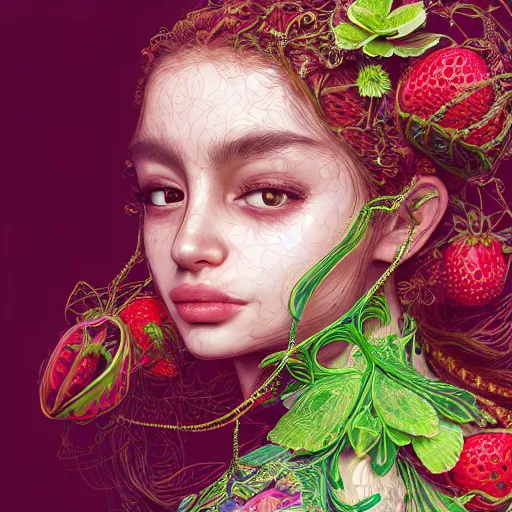 Image similar to the portrait of an absurdly beautiful, graceful, elegant, young mexican girl made of strawberries and green petals, an ultrafine hyperdetailed illustration by kim jung gi, irakli nadar, intricate linework, bright colors, octopath traveler, final fantasy, angular, unreal engine 5 highly rendered, global illumination, radiant light, detailed and intricate environment