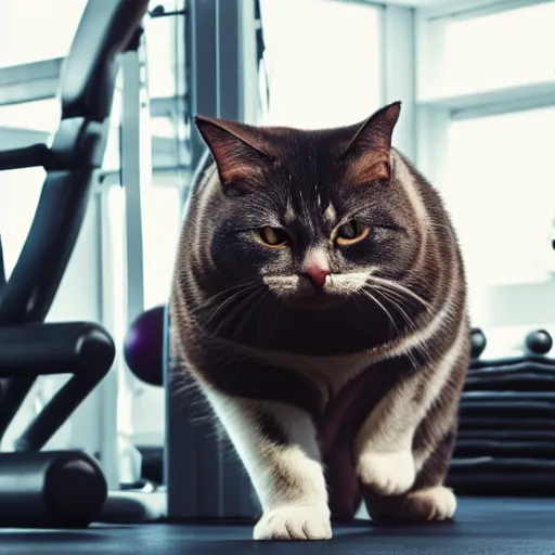 Image similar to very fat cat doing exercise at the gym, photorealistic, hd