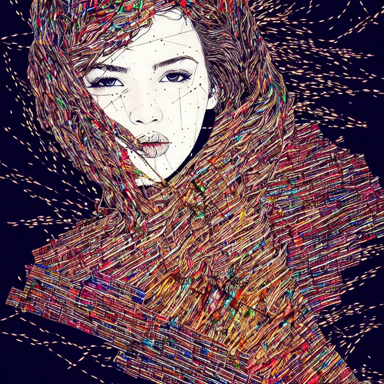 Image similar to nights falling wind is blowwing snow is pilling concept art in style of el anatsui and carne griffiths artwork by xsullo