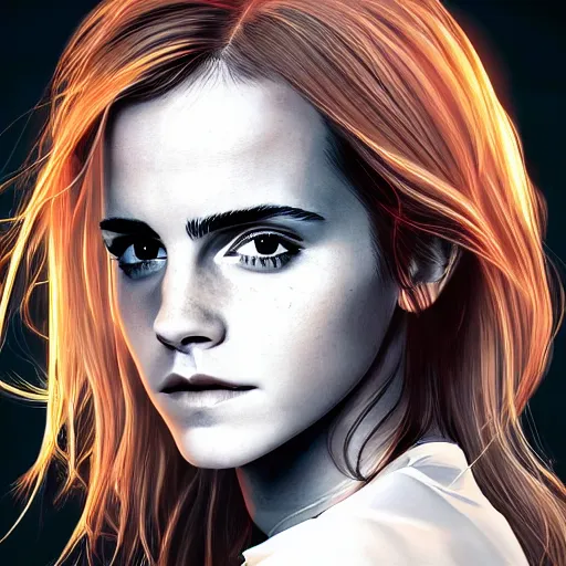 Image similar to Portrait of Emma Watson, the background is a huge futuristic city, cyberpunk style futuristic neon lights, artstation cgsociety masterpiece highly-detailed