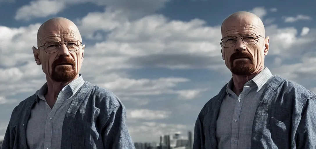 Image similar to Walter White as Spider-Man, film still, wide-shot, full shot, cinematic lens, heroic portrait