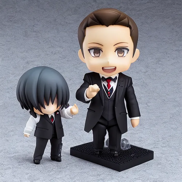 Image similar to a anime nendoroid of elon musk wear giorgio armani suits and black shoe, car tesla 3, figurine, smile, product photo, detailed