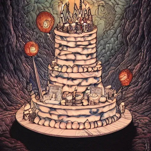 Image similar to epic view of a giant birthday cake with lit candles by junji ito and james jean and esao andrews, cake, candles, 4 k, hyperdetailed, hyperrealistic, trending on artstation, pencil art on paper, horror, dramatic lighting