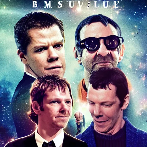 Prompt: the multiverse of midness, bootleg movie cover, low quality, surrealist, body horror, Matt Damon, Benedict Cumberbatch, Ringo Starr,