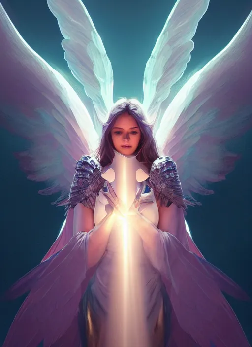 Image similar to angel with big wings, low key light, full plate armor with cloth, f 1 6, bokeh, extreme close up portrait, gentle, female, mountain, storm, god rays, landscape, d & d, fantasy, elegant, teal pink white gold color palette, concept art, moebius, greg rutkowski, alphonse mucha