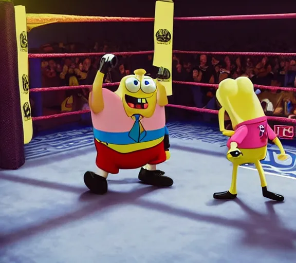 Prompt: spongebob squarepants as an mma fighter, in the ring for a big fight, wide shot, 3 d, hyperrealistic, rendered in octane