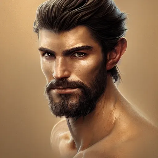 Image similar to portrait of a young, ruggedly handsome swordsman, soft hair, muscular, half body, leather, hairy, d & d, fantasy, intricate, elegant, highly detailed, digital painting, artstation, concept art, smooth, sharp focus, illustration, art by artgerm and greg rutkowski and alphonse mucha